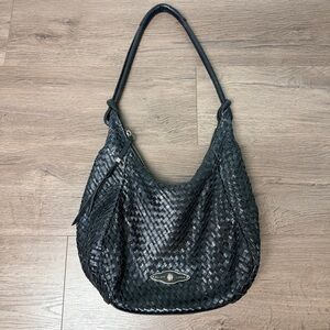 Elliott Lucca Black Woven Genuine Leather Hobo with Shoulder Strap Slouchy Bag